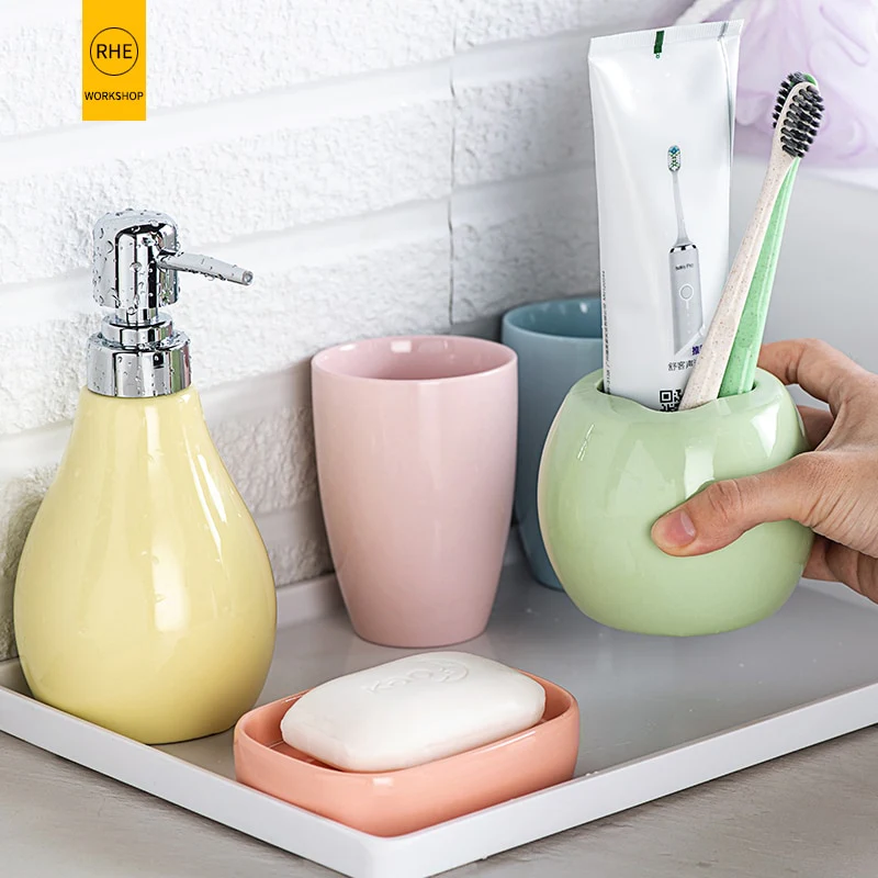 Ensemble d'accessoires de salle de bain 4 pièces en céramique colorés – Image 2
