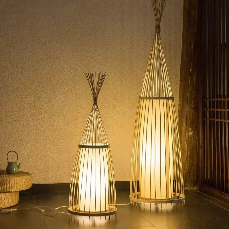 Lampadaire tactile en bambou tressé à abat-jour métal Japandi – Image 4
