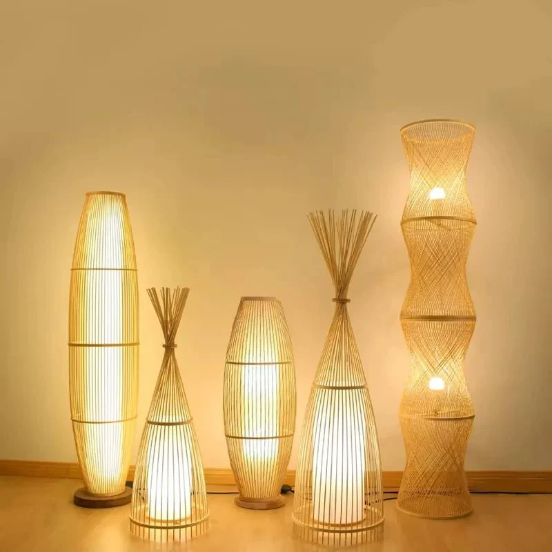 Lampadaire tactile en bambou tressé à abat-jour métal Japandi